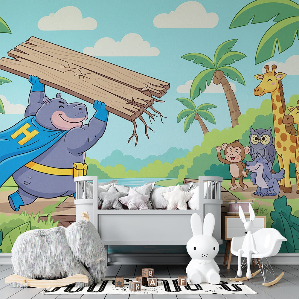 Kids-Mundo hippo and jungle friends wall mural as a feature wall in a kids' bedroom.