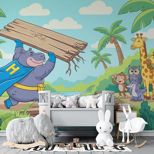 Kids-Mundo hippo and jungle friends wall mural as a feature wall in a kids' bedroom.
