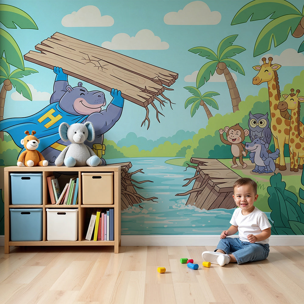 Kids-Mundo superhero hippo jungle mural styled on a colourful nursery wall.