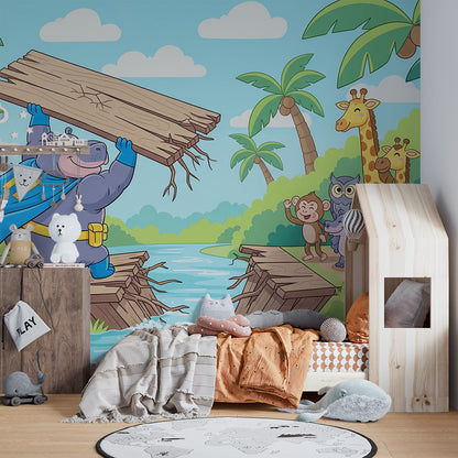 Kids-Mundo superhero hippo jungle mural filling a bright, busy children's playroom wall.