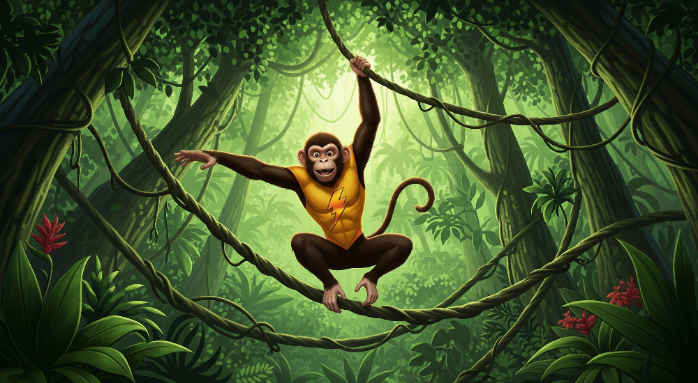 Kids-Mundo flat artwork preview of a superhero monkey swinging through jungle vines.