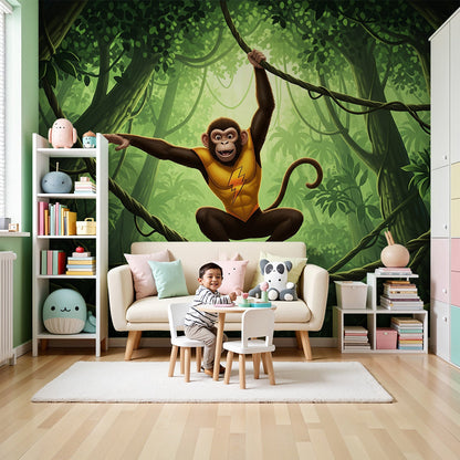 Kids-Mundo superhero monkey jungle mural styled on a green-toned nursery wall.