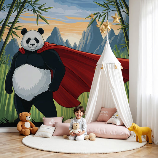 Superhero panda wall mural by Kids-Mundo styled in an adventure-themed nursery