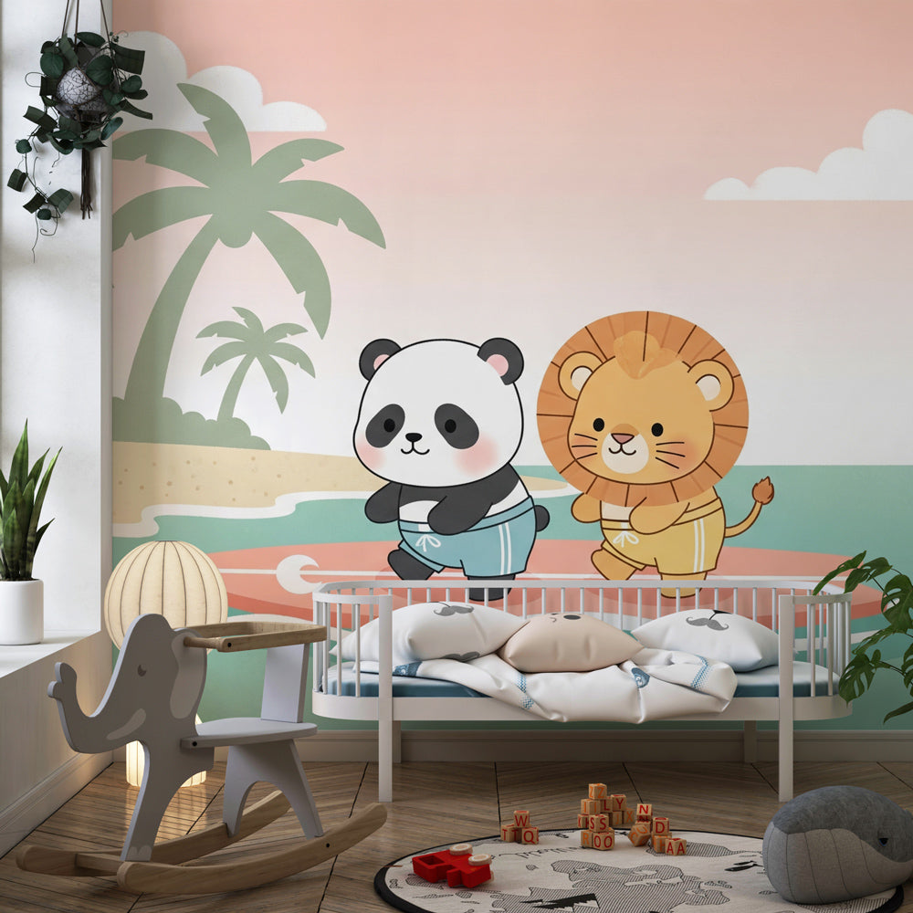 Tropical animal adventure wallpaper creating playful kids bedroom decor with surfing theme