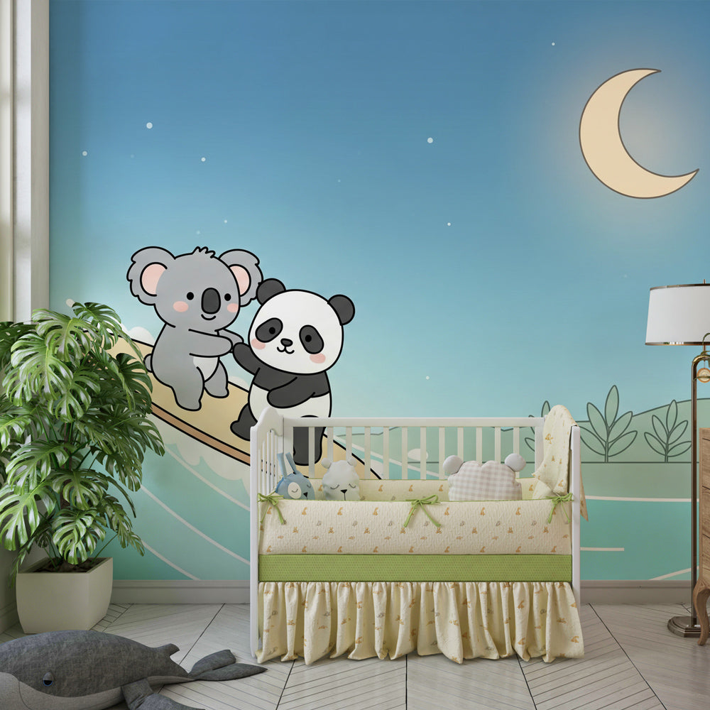 Ocean adventure wallpaper featuring surfing koala and panda in children's bedroom decor