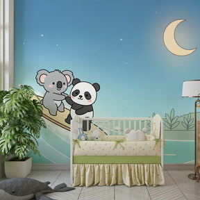 Ocean adventure wallpaper featuring surfing koala and panda in children's bedroom decor