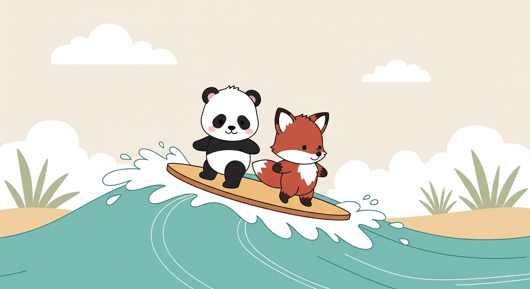 Detailed surfing panda and fox mural wallpaper design pattern by Kids-Mundo