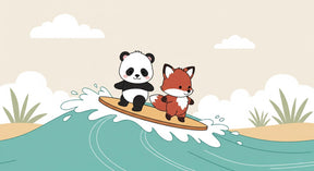 Detailed surfing panda and fox mural wallpaper design pattern by Kids-Mundo