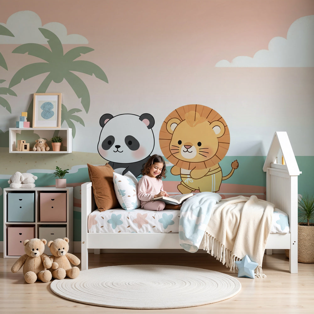 Panda and lion surfing mural wallpaper in modern nursery with tropical beach theme by Kids-Mundo