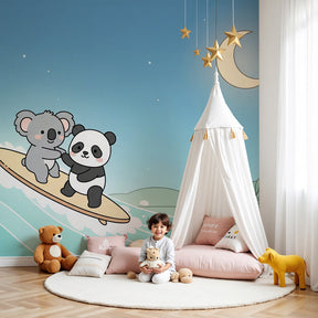 Surfing animals mural wallpaper with koala and panda in modern nursery room by Kids-Mundo