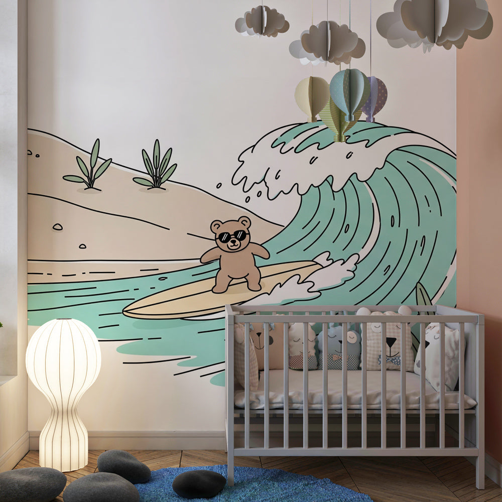 Beach-themed surfing bear mural wallpaper transforming children's playroom space