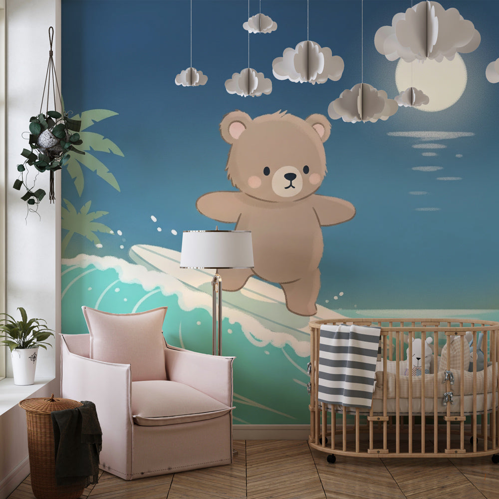 Tropical bear surfing wallpaper transforming children's playroom with ocean theme by Kids-Mundo
