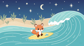 Detailed surfing fox under starlit sky mural wallpaper design pattern by Kids-Mundo