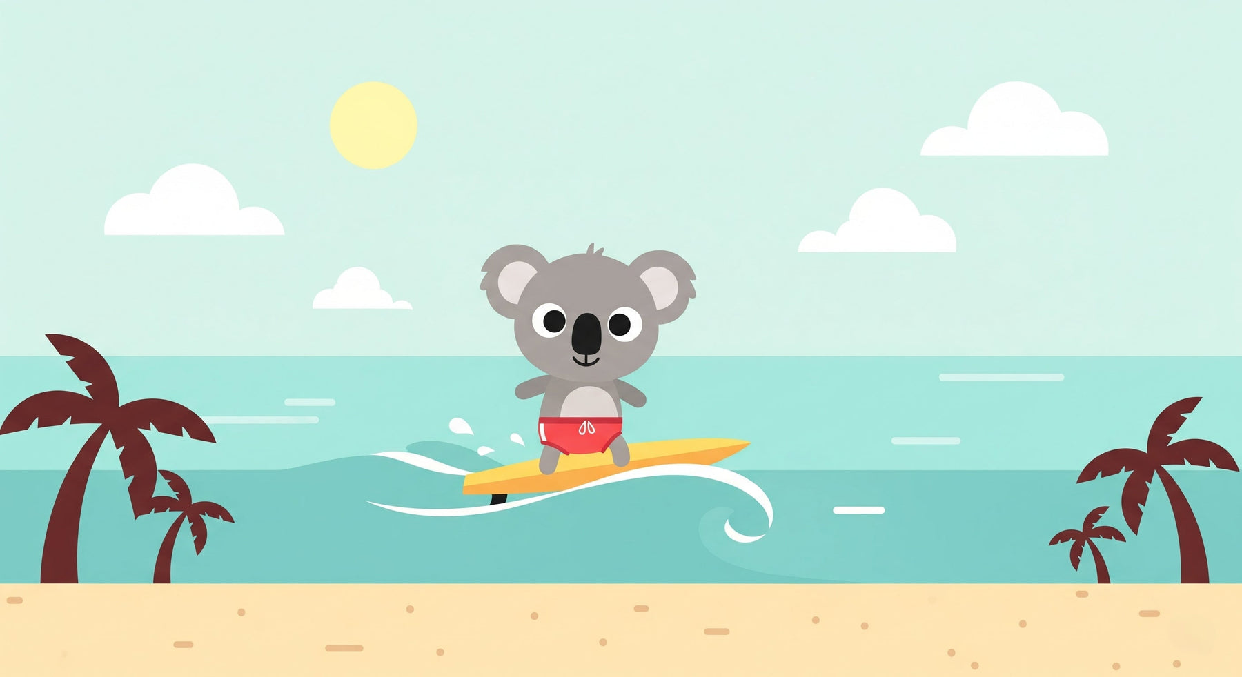 Detailed surfing koala beach mural wallpaper design pattern showing tropical scene by Kids-Mundo