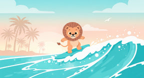 Detailed surfing lion mural wallpaper design pattern showing tropical ocean scene by Kids-Mundo