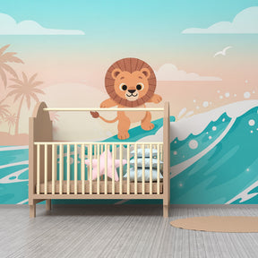 Ocean themed lion surfer mural wallpaper transforming kids playroom into tropical paradise
