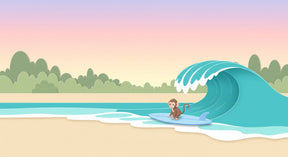 Detailed surfing monkey mural wallpaper design pattern showing beach scene artwork by Kids-Mundo