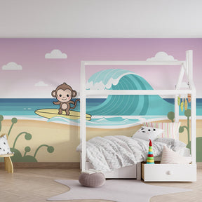 Ocean themed monkey wallpaper creating playful atmosphere in children's bedroom by Kids-Mundo