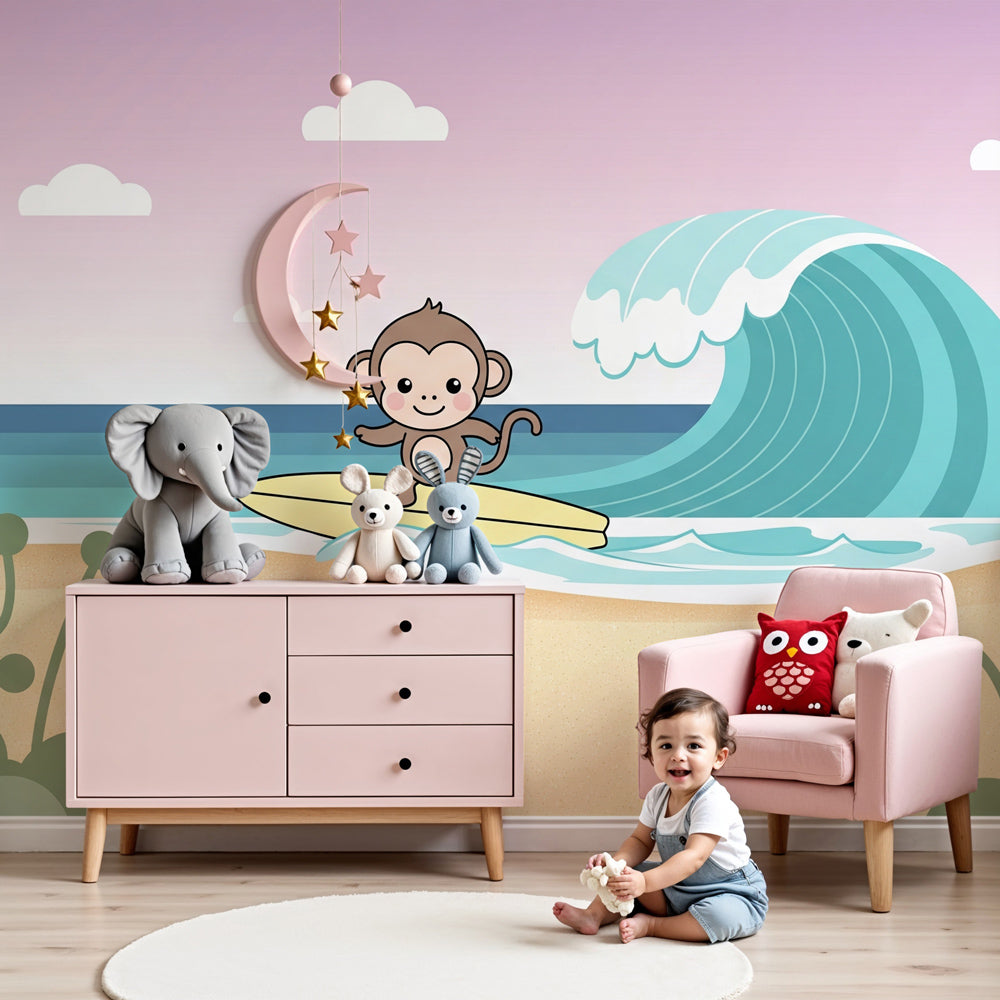 Surfing monkey mural wallpaper in modern nursery with ocean adventure theme by Kids-Mundo