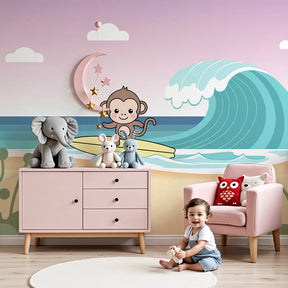 Surfing monkey mural wallpaper in modern nursery with ocean adventure theme by Kids-Mundo