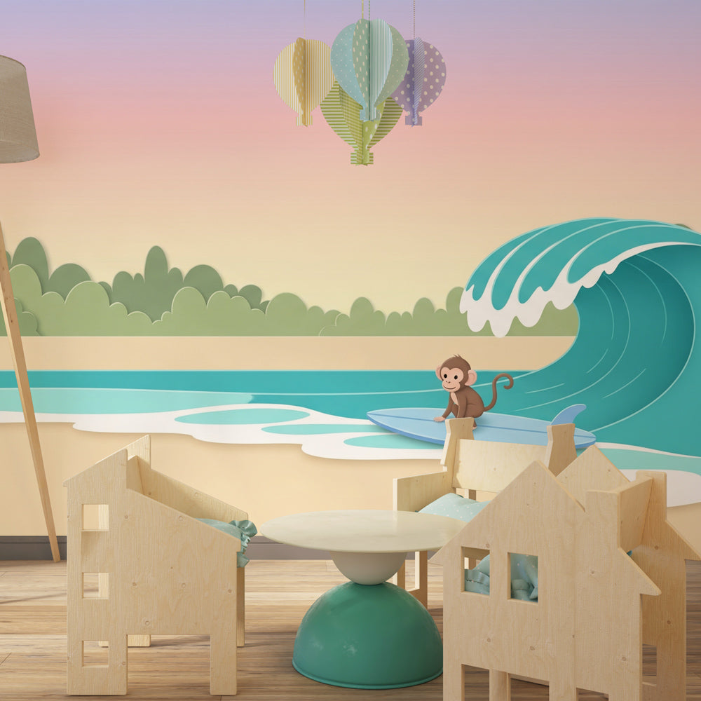 Ocean themed monkey surfing wallpaper transforming children's playroom into beach paradise