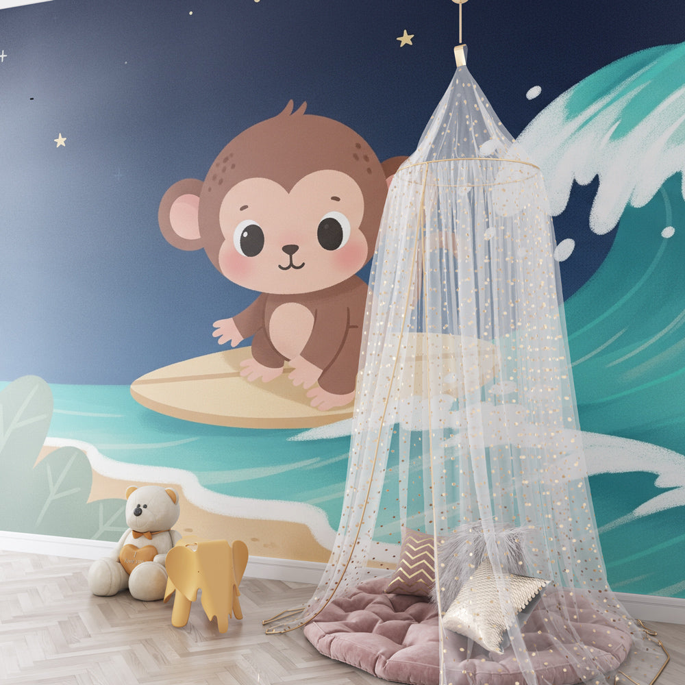 Starry night surfing monkey wallpaper transforming children's playroom into beach adventure