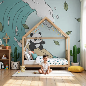 Surfing panda mural wallpaper decorating modern nursery with ocean theme by Kids-Mundo