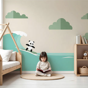 Surfing panda mural wallpaper in modern nursery with ocean theme decor by Kids-Mundo