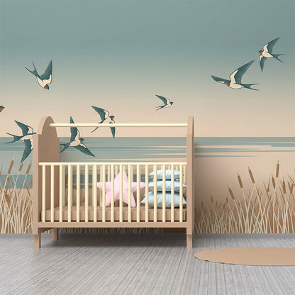 Kids-Mundo swallows mural installed in a children's bedroom, made-to-measure bird wallpaper design.