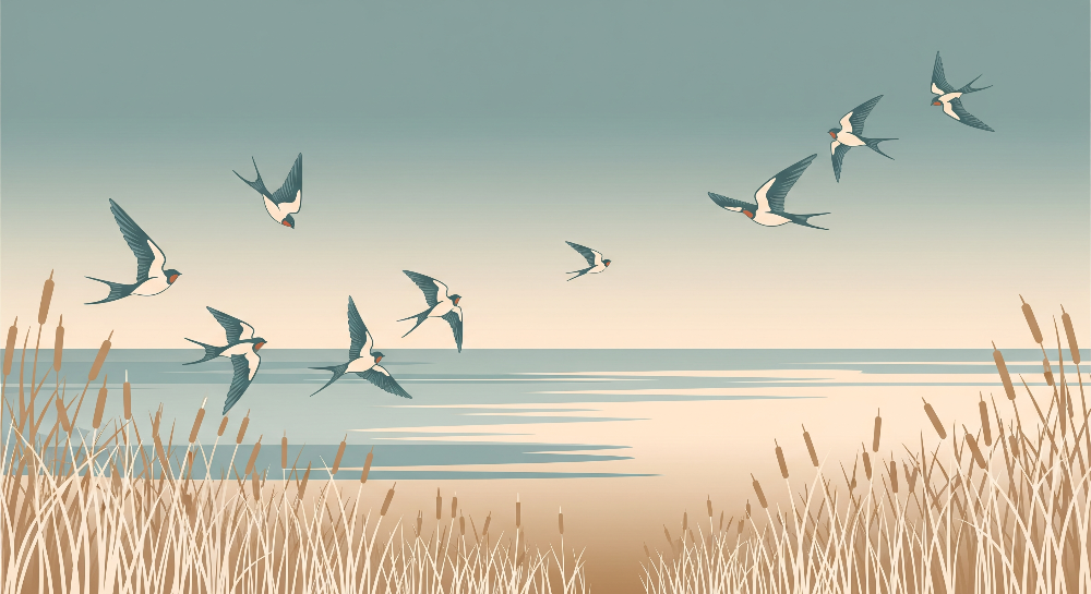 Kids-Mundo swallows artwork showing birds flying low over a calm shoreline at dusk with reeds.