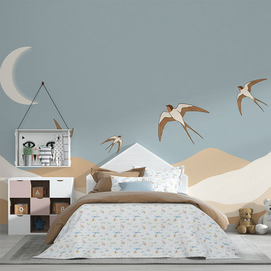 Kids-Mundo bird and mountain wall mural shown in a child's bedroom setting
