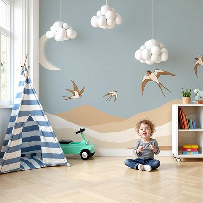Kids-Mundo swallows and mountains wall mural styled in a calm, dusky nursery