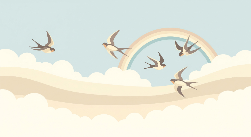 Kids-Mundo flat artwork of swallows flying beneath a soft pastel rainbow above rolling clouds.