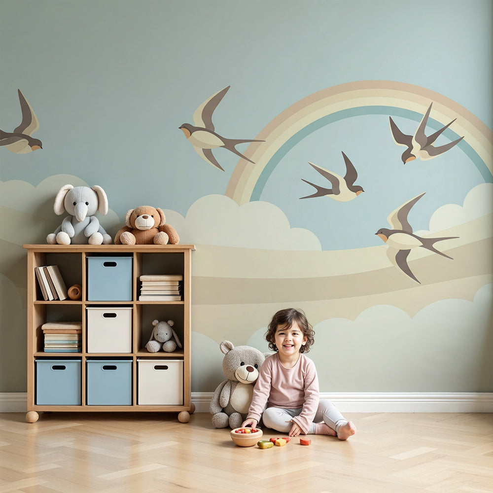 Kids-Mundo swallow and rainbow wall mural styled in a soft pastel nursery with a cot and gentle lighting.