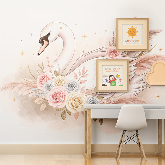 Kids-Mundo elegant swan and rose mural styled in a gentle kids bedroom