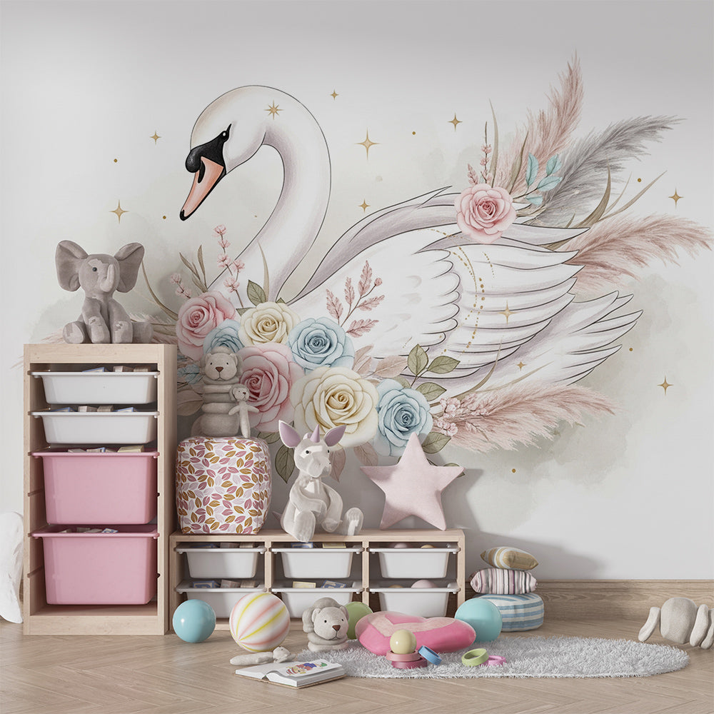 Kids-Mundo swan wall mural with pampas grass and roses in a bright playroom
