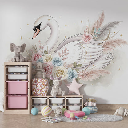 Kids-Mundo swan wall mural with pampas grass and roses in a bright playroom