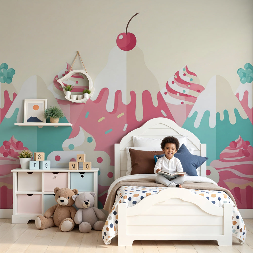 Sweet treats mural wallpaper with candy and cupcakes in modern kids bedroom by Kids-Mundo