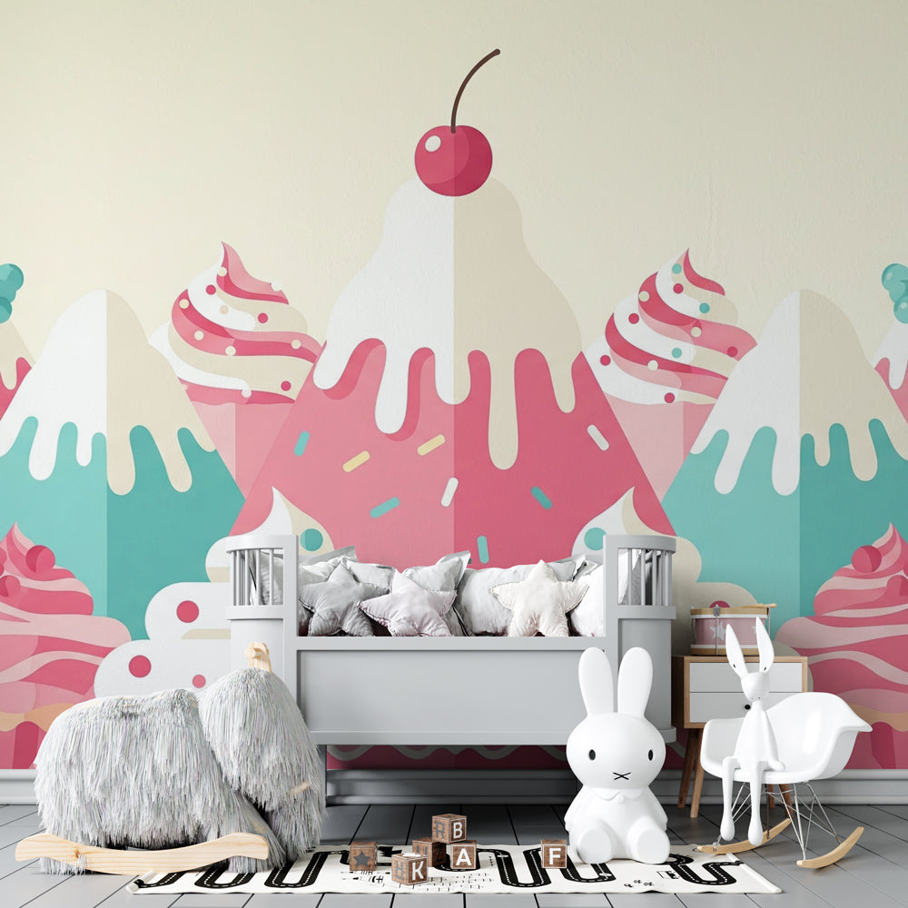 Ice cream and cupcake themed mural wallpaper transforming children's playroom into candy wonderland