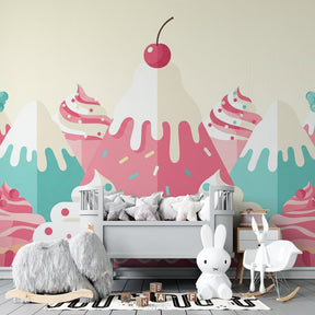 Ice cream and cupcake themed mural wallpaper transforming children's playroom into candy wonderland