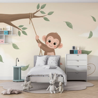 Kids-Mundo swinging monkey wall mural brightening a fun, jungle-themed playroom