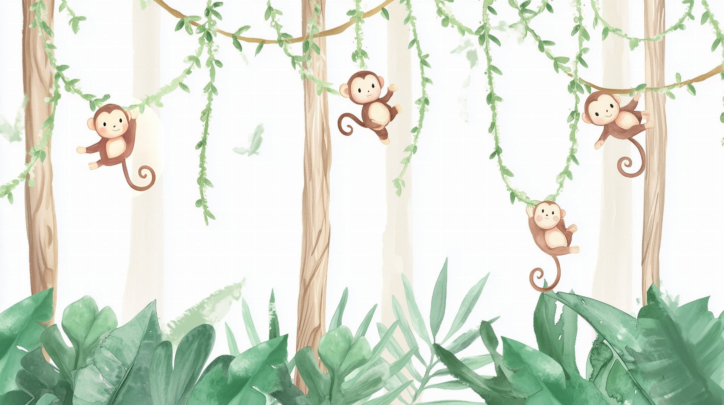 Flat artwork preview of the Kids-Mundo playful swinging monkeys jungle wall mural design