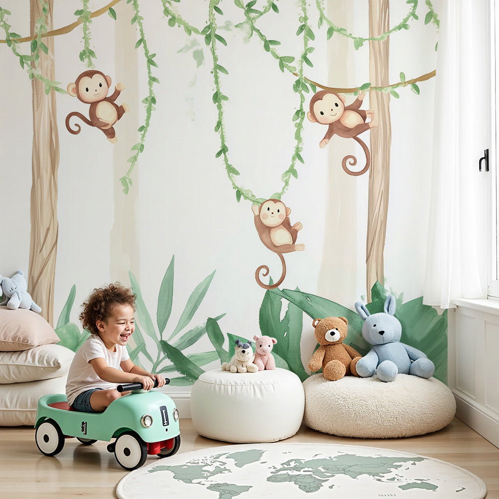 Swinging monkey jungle wall mural by Kids-Mundo styled in a light, airy nursery