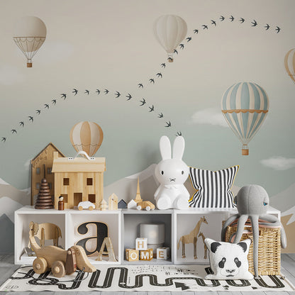Kids-Mundo balloon and bird mountain wall mural styled on a kids bedroom feature wall