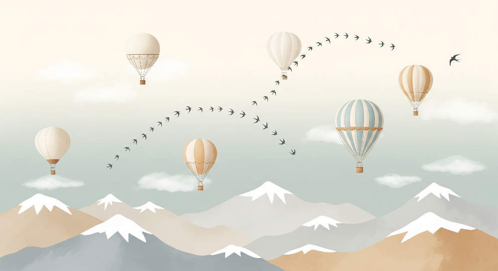 Kids-Mundo flat artwork of the hot air balloon and swooping birds mountain wall mural
