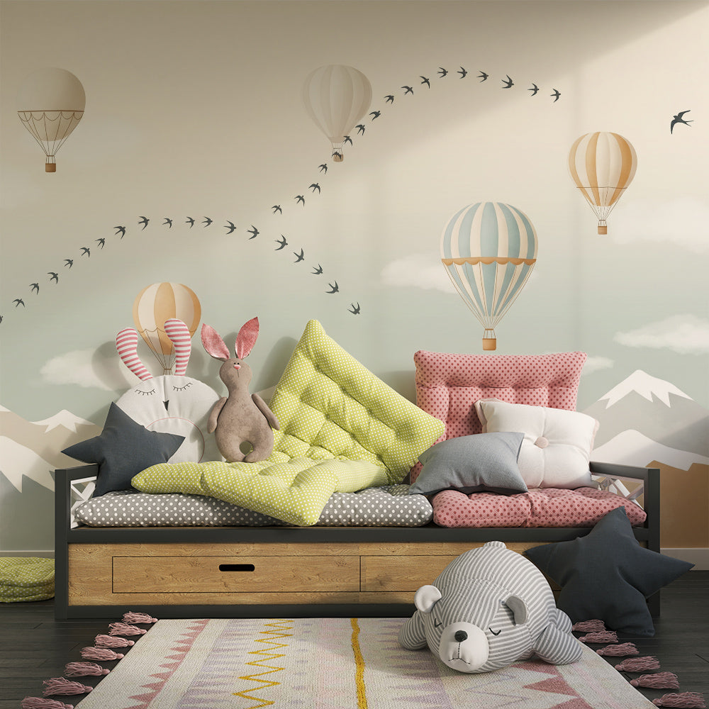 Kids-Mundo swooping birds wall mural brightening a playroom accent wall for children