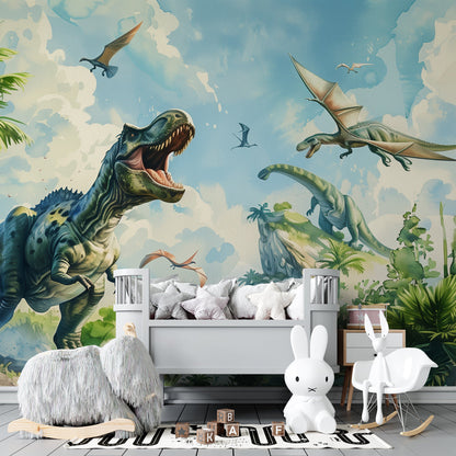 Kids-Mundo T-Rex dinosaur jungle wall mural installed behind a bed in a kids' bedroom.