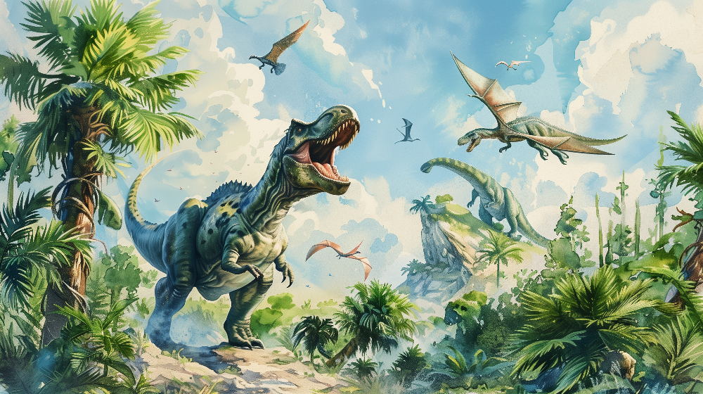 Kids-Mundo watercolour artwork of a roaring T-Rex and flying pterosaurs in a green jungle scene.