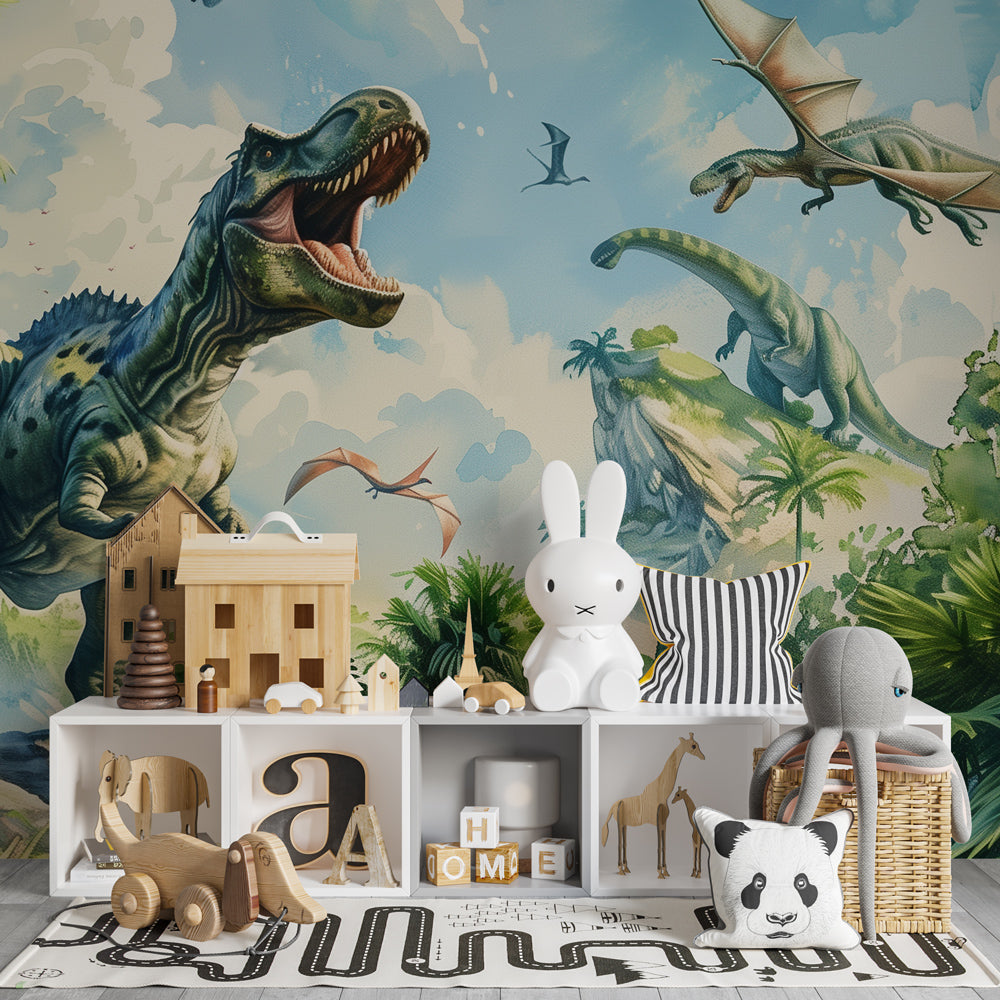 Kids-Mundo dinosaur jungle wall mural covering a wall in a bright children's playroom.