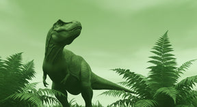 Detailed T-Rex dinosaur mural wallpaper design pattern showing jungle foliage and prehistoric details by Kids-Mundo